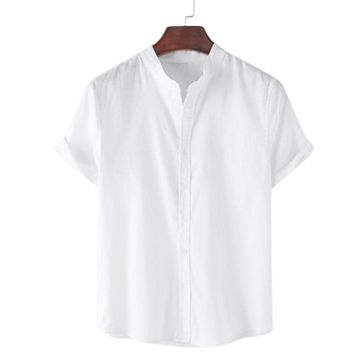 Men's Cotton Band-Collar Short-Sleeve Button-Up Shirt
