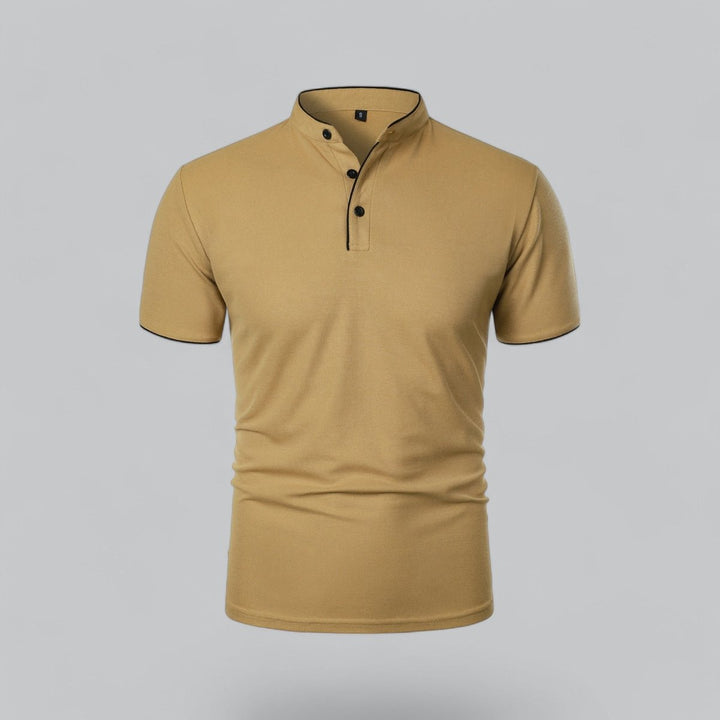 Men's Cotton Short Sleeve Collarless Band Collar Polo Shirt - Khaki