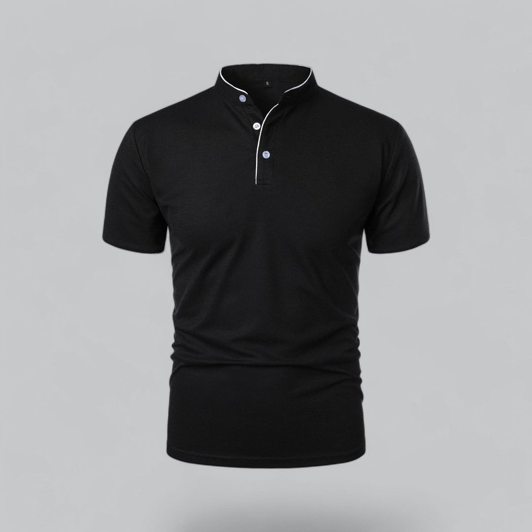 Men's Cotton Short Sleeve Collarless Band Collar Polo Shirt - Black