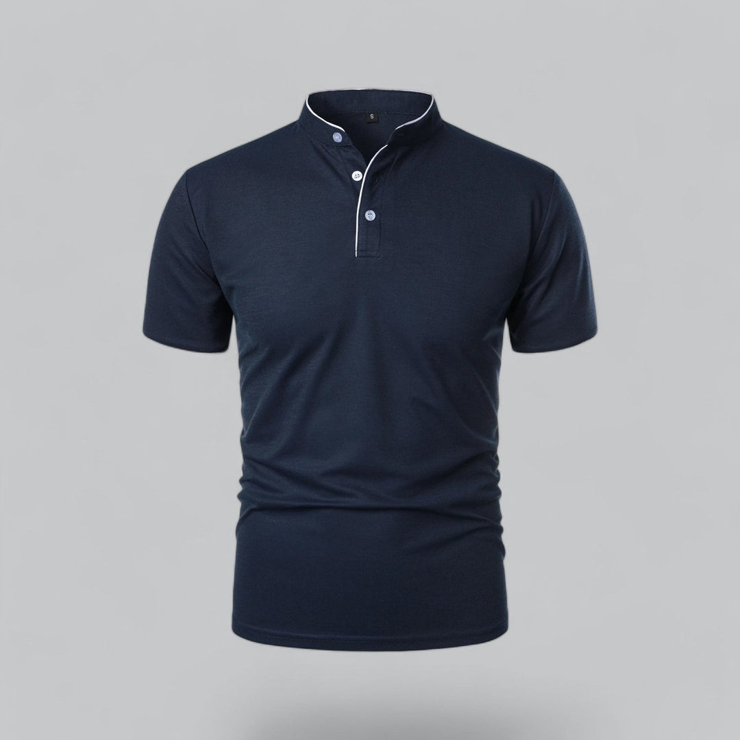 Men's Cotton Short Sleeve Collarless Band Collar Polo Shirt - Navy Blue