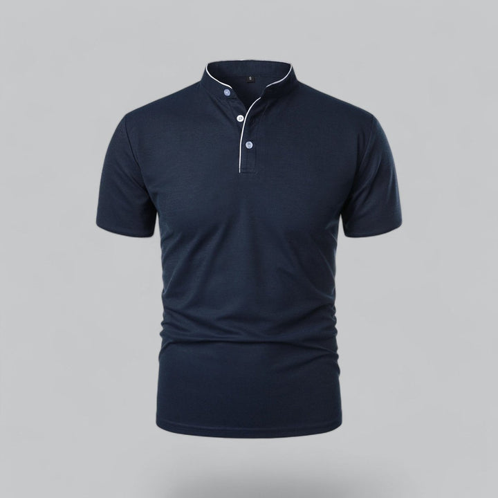 Men's Cotton Short Sleeve Collarless Band Collar Polo Shirt - Navy Blue