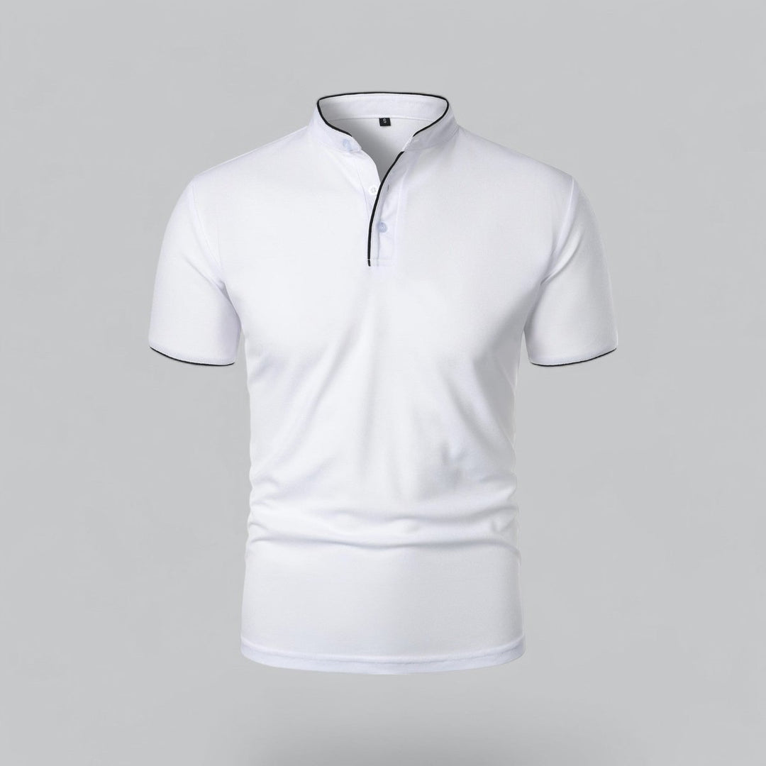Men's Cotton Short Sleeve Collarless Band Collar Polo Shirt - White