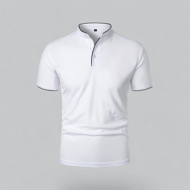 Men's Cotton Short Sleeve Collarless Band Collar Polo Shirt - White