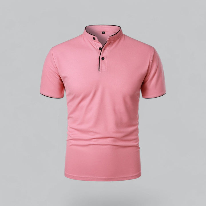 Men's Cotton Short Sleeve Collarless Band Collar Polo Shirt - Pink