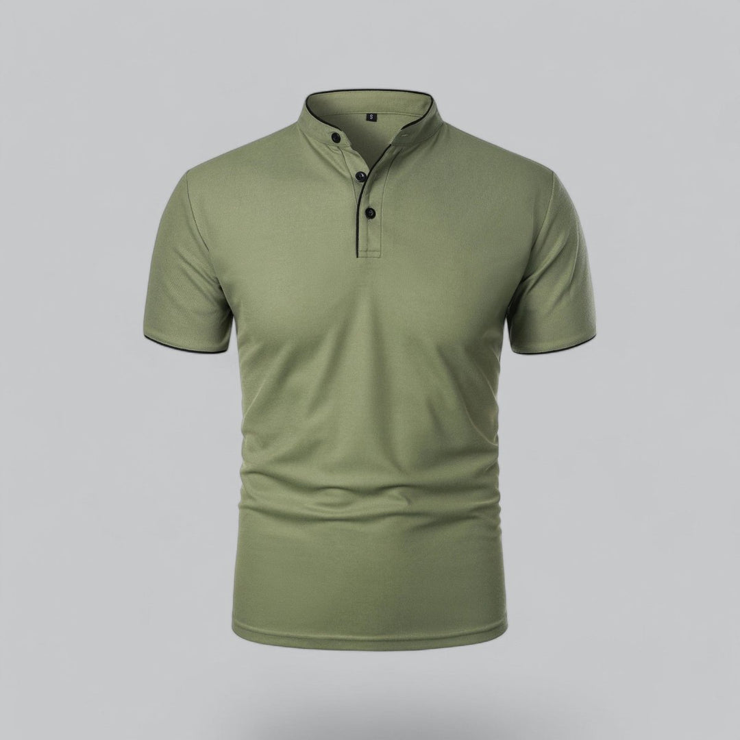 Men's Cotton Short Sleeve Collarless Band Collar Polo Shirt - Green