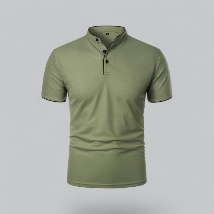 Men's Cotton Short Sleeve Collarless Band Collar Polo Shirt - Green
