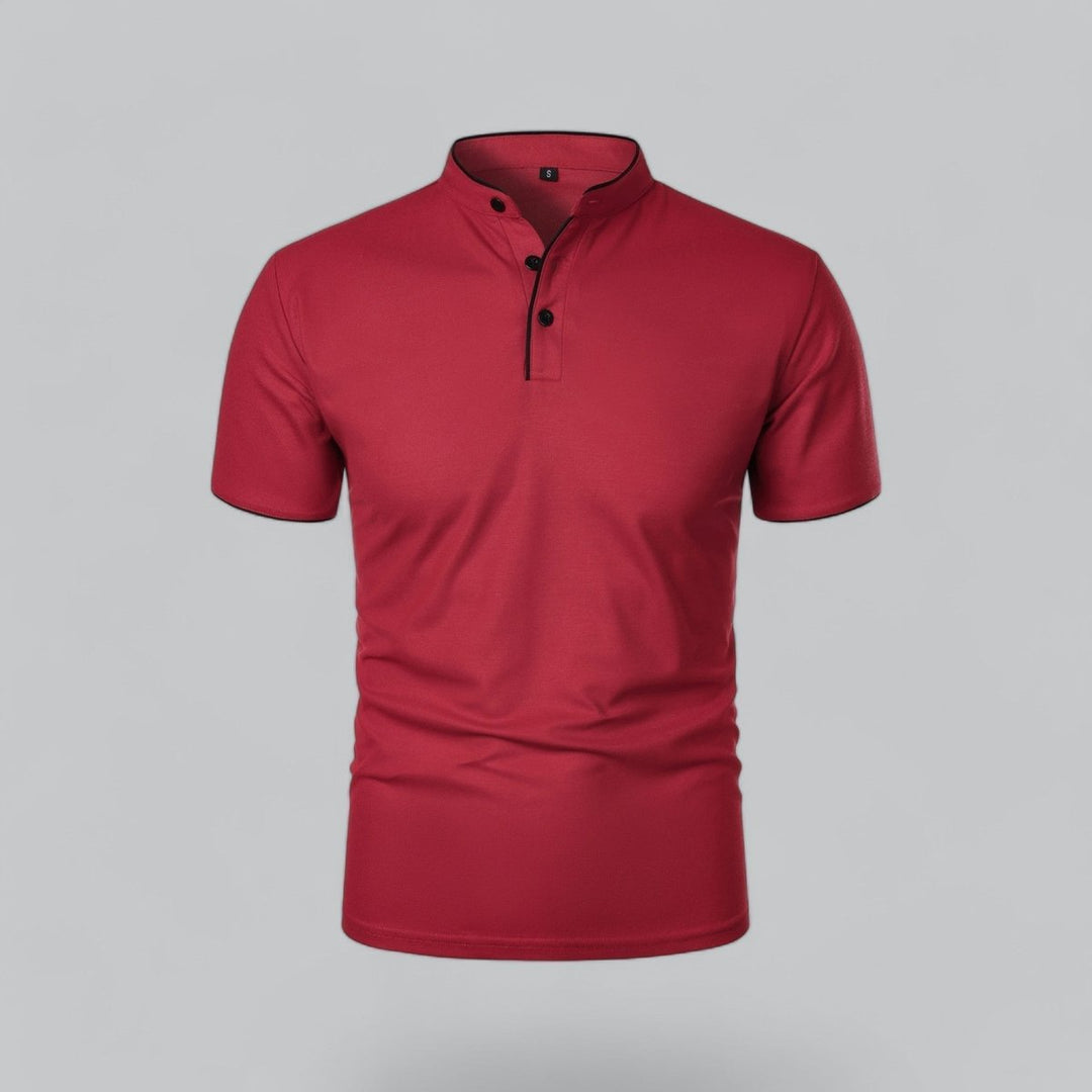 Men's Cotton Short Sleeve Collarless Band Collar Polo Shirt - Dark Red