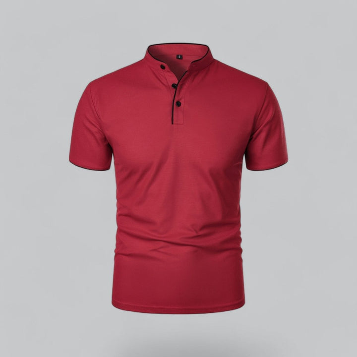 Men's Cotton Short Sleeve Collarless Band Collar Polo Shirt - Dark Red