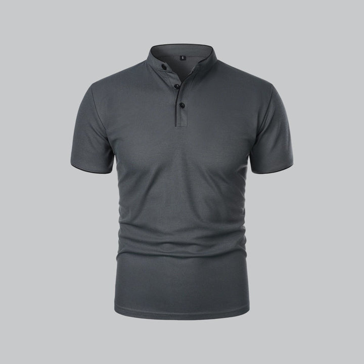 Men's Cotton Short Sleeve Collarless Band Collar Polo Shirt - Dark Gray