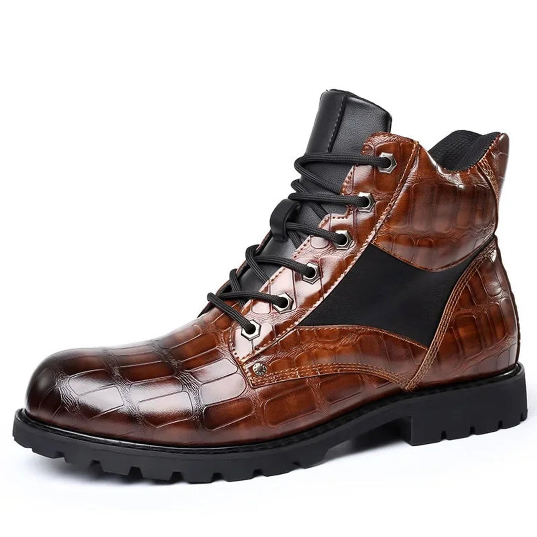 Men's Crocodile-Embossed Lace-Up Leather Ankle Boots