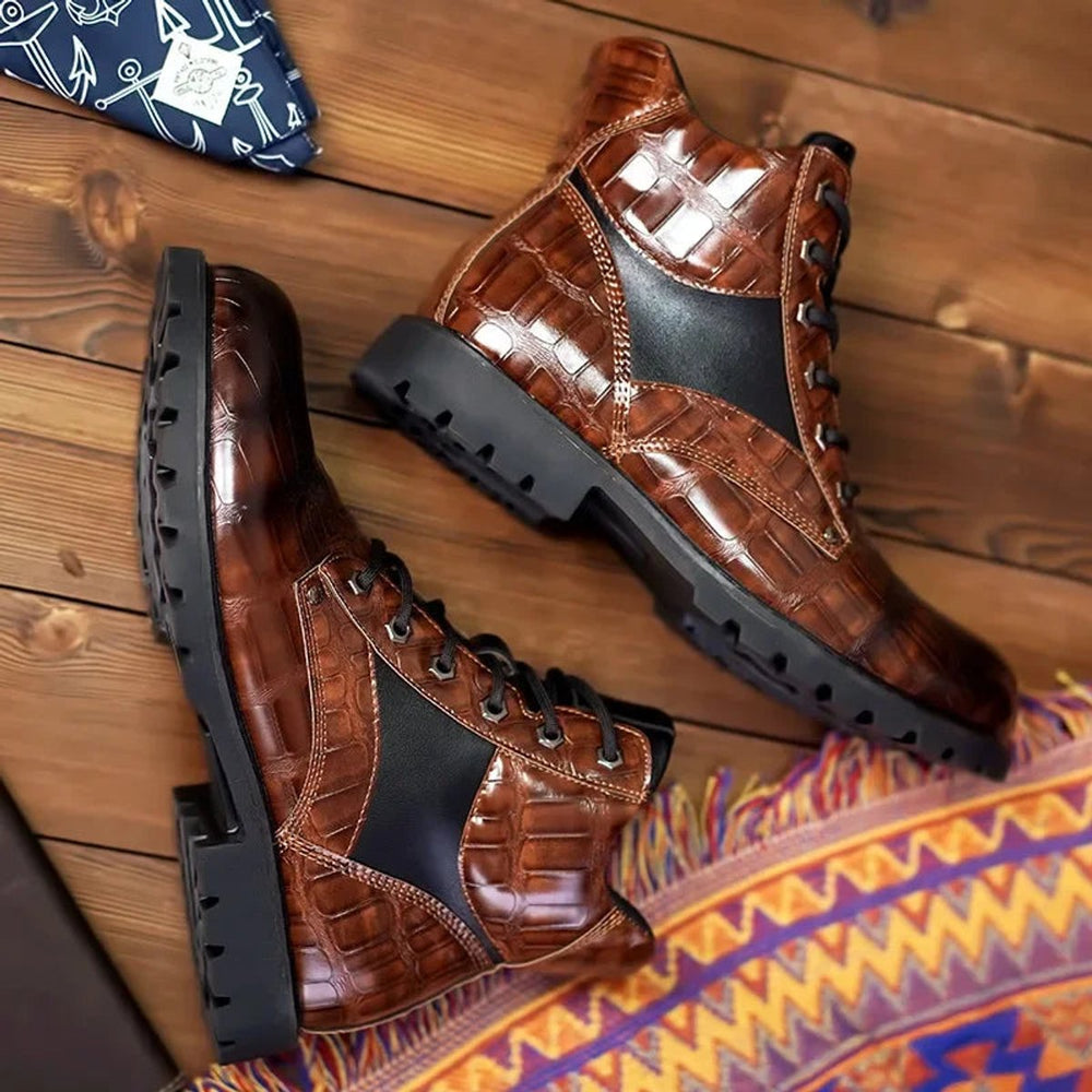 Men's Crocodile-Embossed Lace-Up Leather Ankle Boots