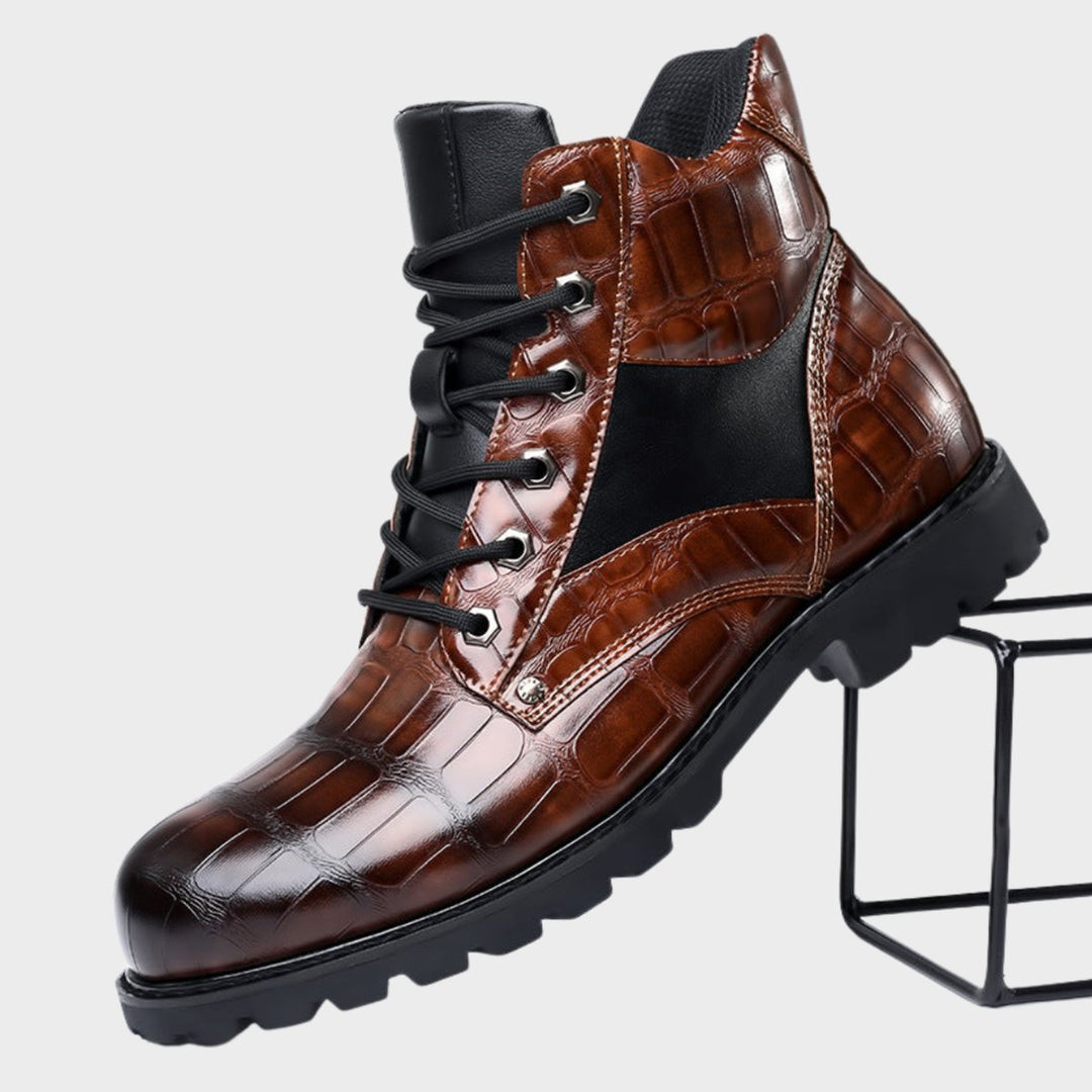 Men's Crocodile-Embossed Lace-Up Leather Ankle Boots