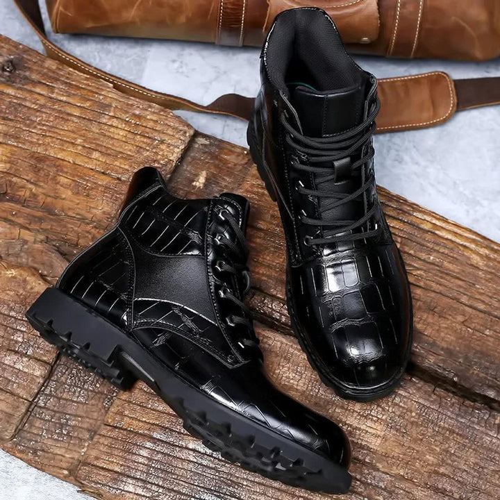 Men's Crocodile-Embossed Lace-Up Leather Ankle Boots