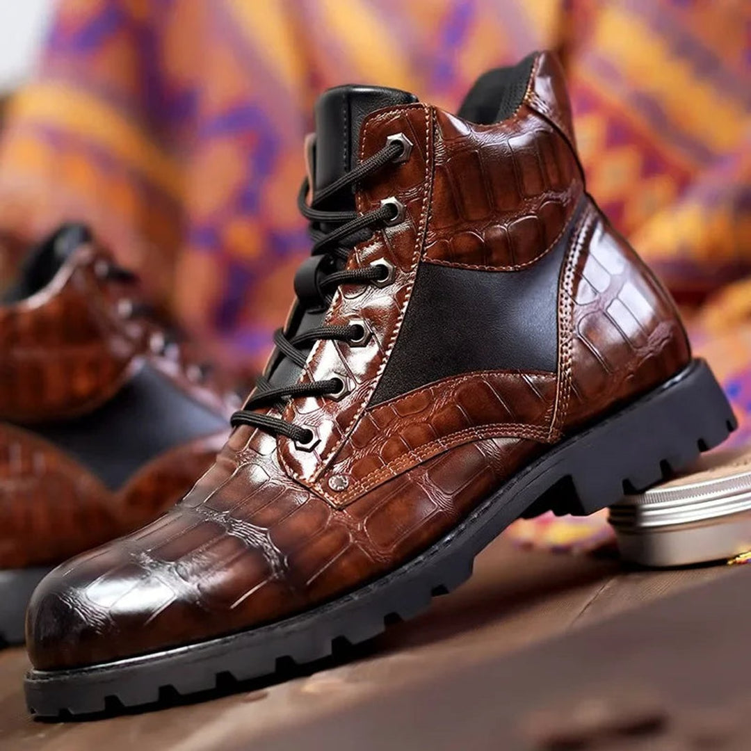 Men's Crocodile-Embossed Lace-Up Leather Ankle Boots