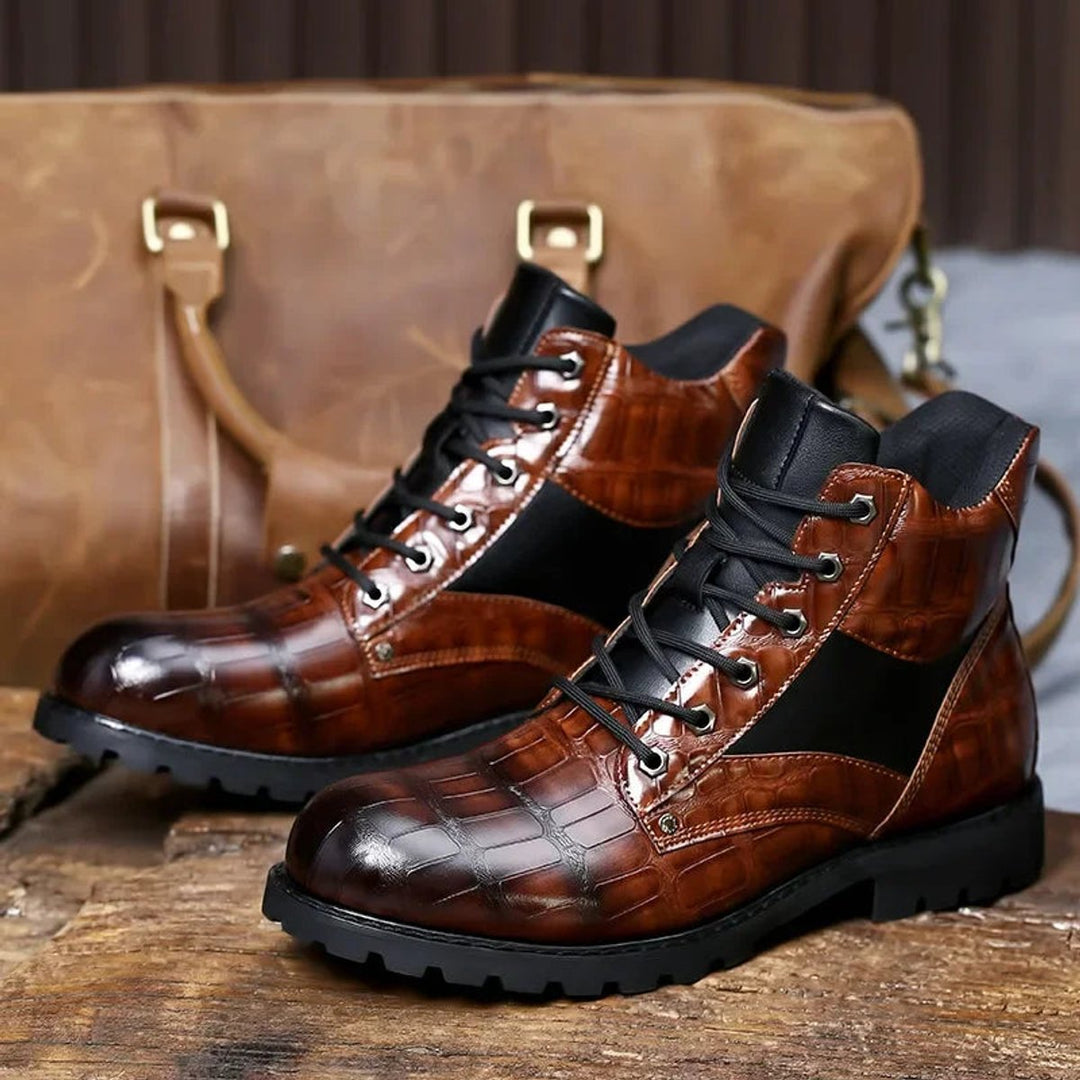 Men's Crocodile-Embossed Lace-Up Leather Ankle Boots