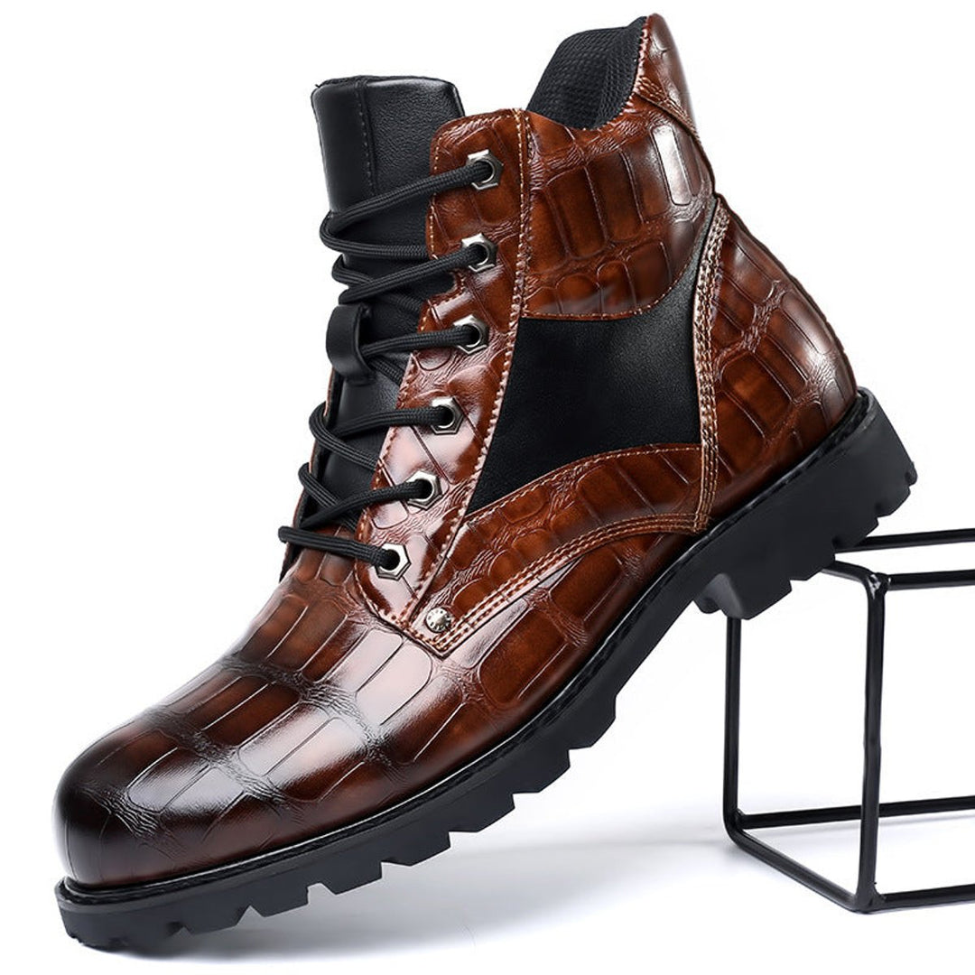 Men's Crocodile-Embossed Lace-Up Leather Ankle Boots