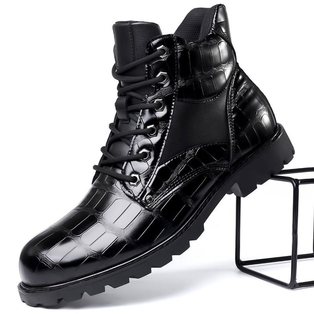 Men's Crocodile-Embossed Lace-Up Leather Ankle Boots