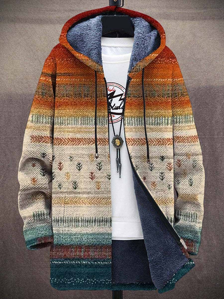 Men's Fleece-Lined Hooded Aztec Striped Open-Front Cardigan