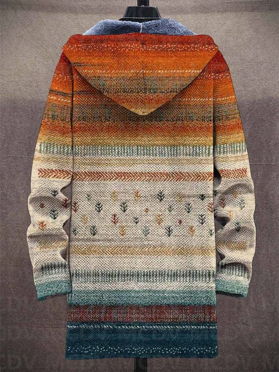 Men's Fleece-Lined Hooded Aztec Striped Open-Front Cardigan
