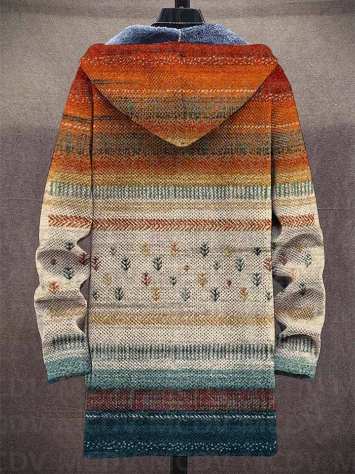 Men's Fleece-Lined Hooded Aztec Striped Open-Front Cardigan