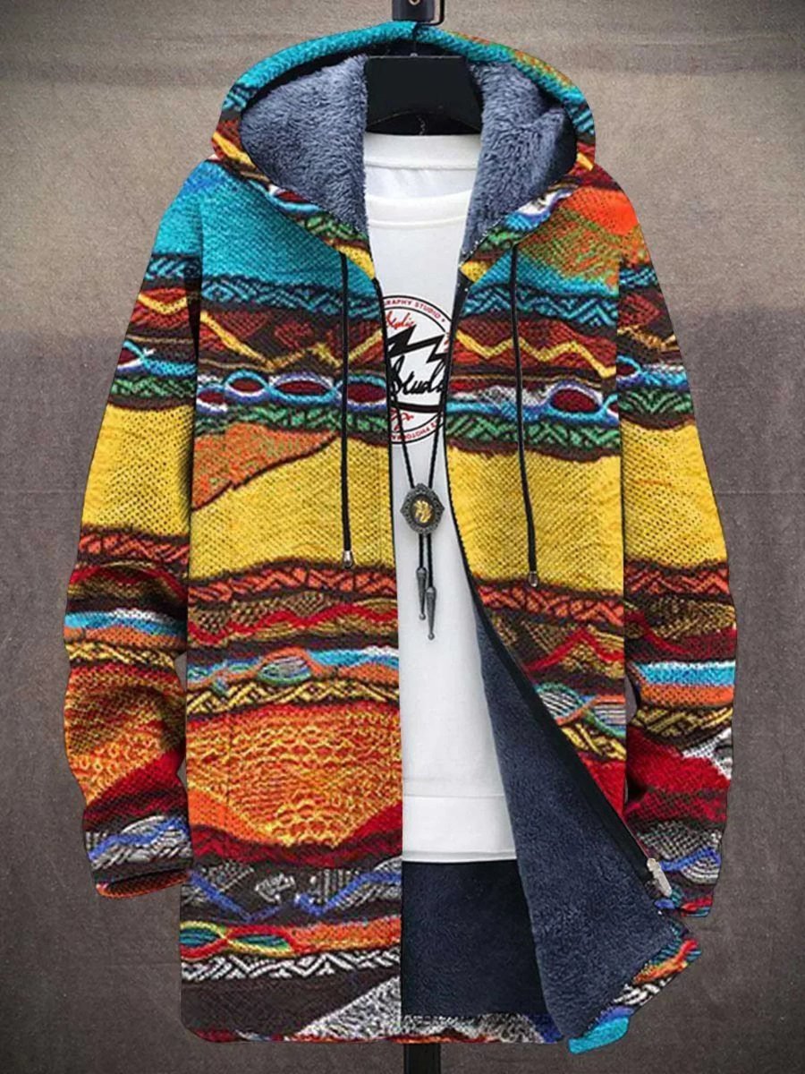 Men's Fleece-Lined Hooded Aztec Striped Open-Front Cardigan