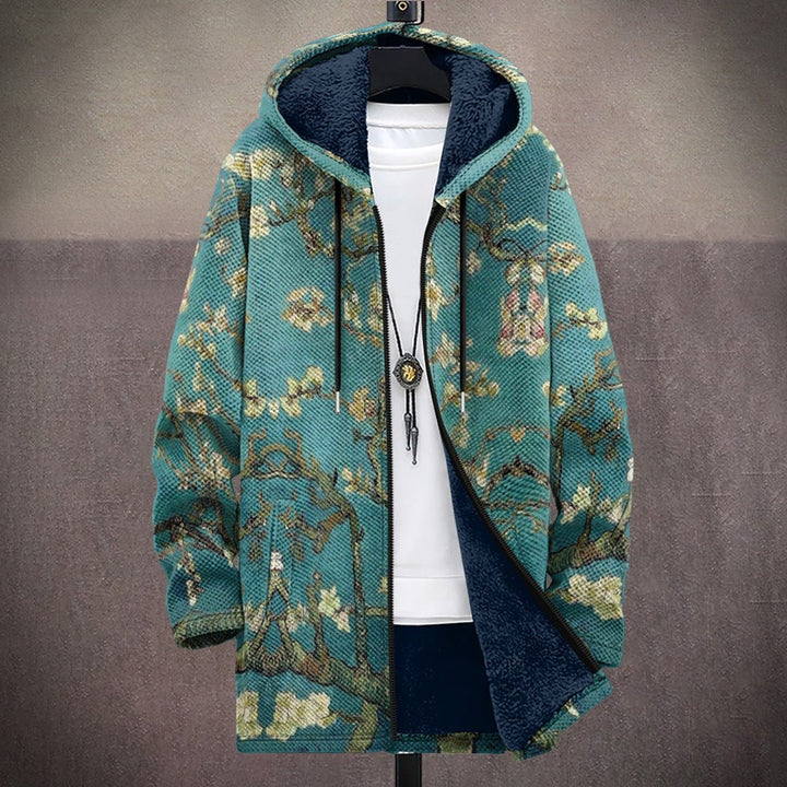 Men's Floral Print Fleece-Lined Zip-Up Hooded Cardigan