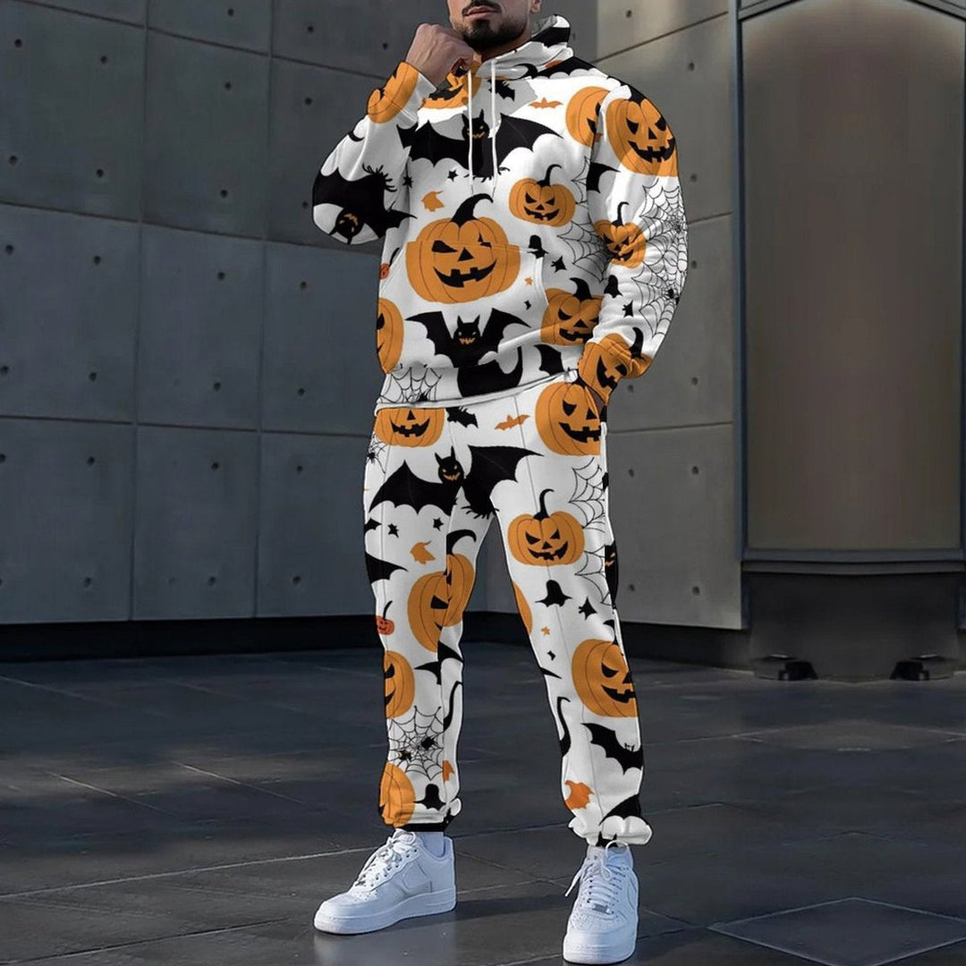Men's Halloween Pumpkin Bat Print Hoodie Jogger Tracksuit Set - Red