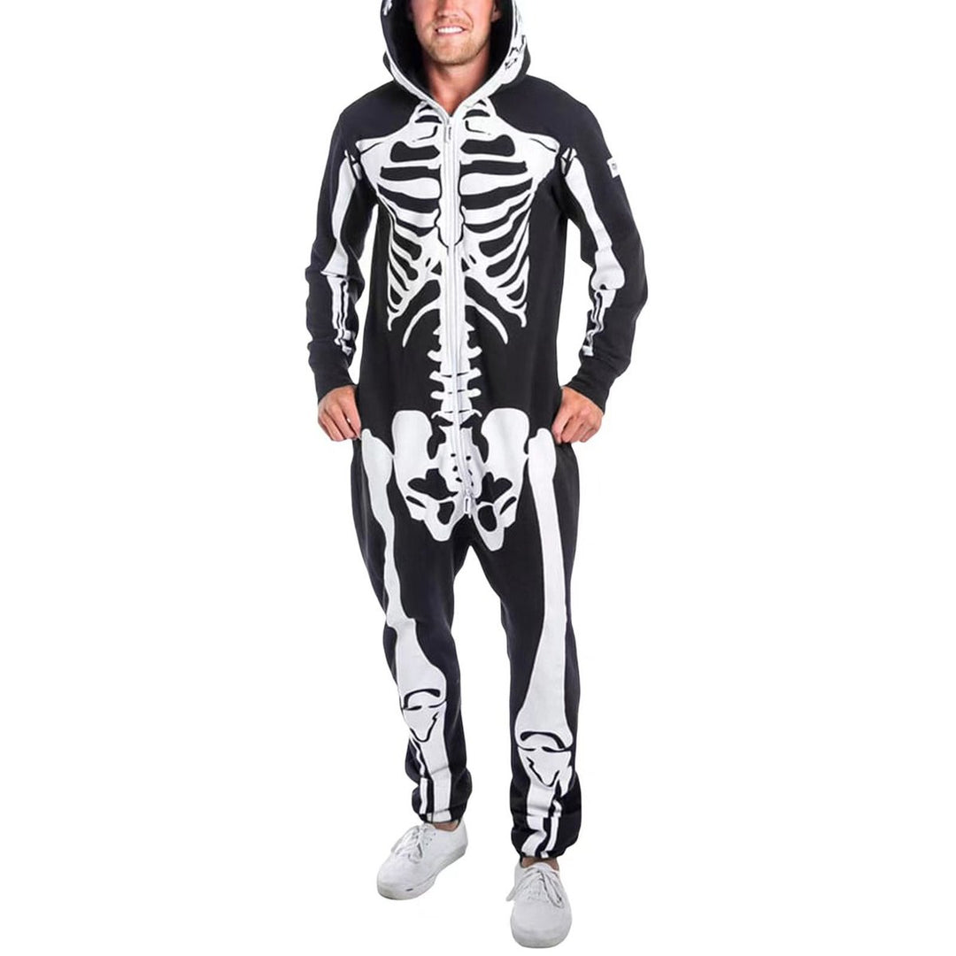Men's Halloween Skeleton Print Hooded Zip-Up Jumpsuit - Black