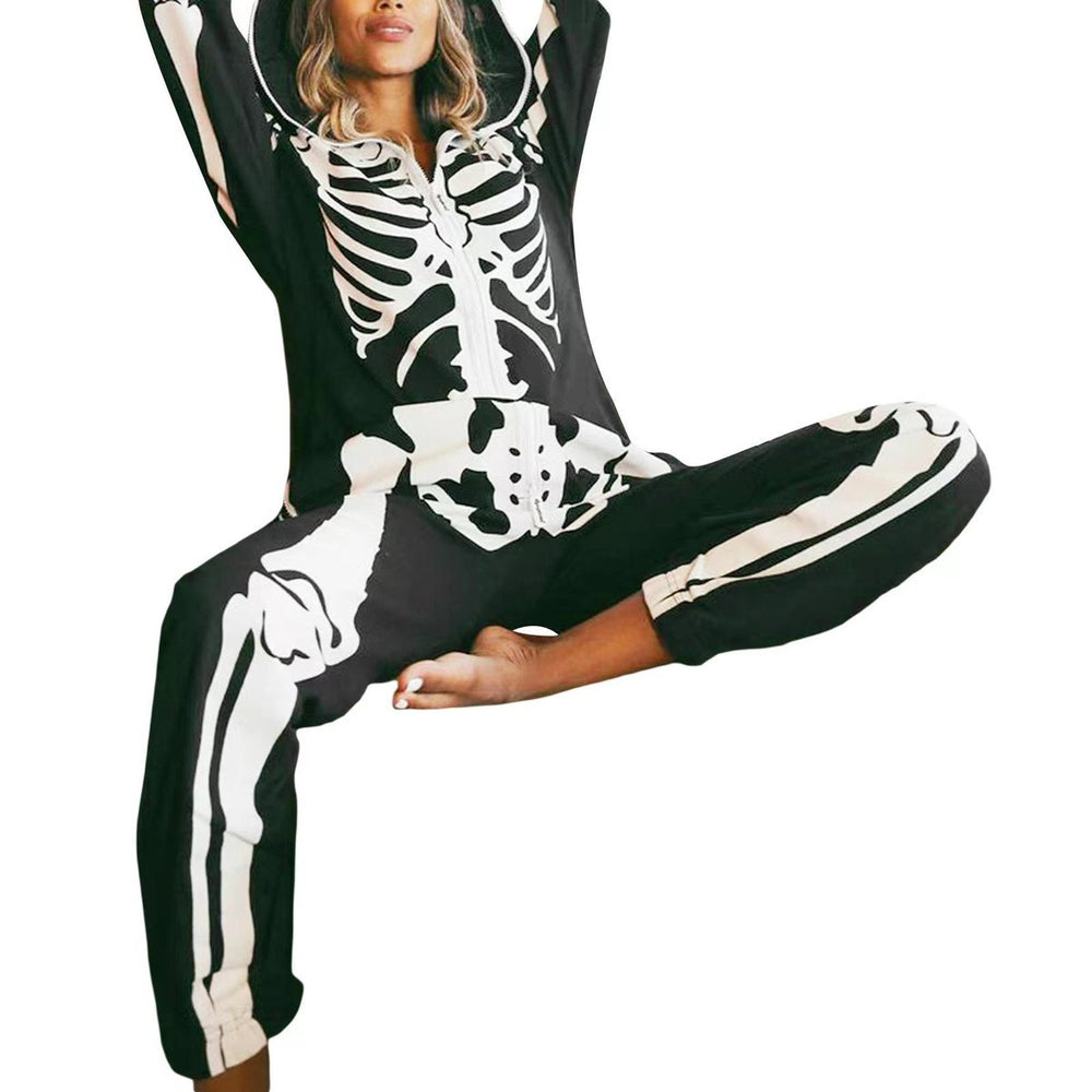 Men's Halloween Skeleton Print Hooded Zip-Up Jumpsuit