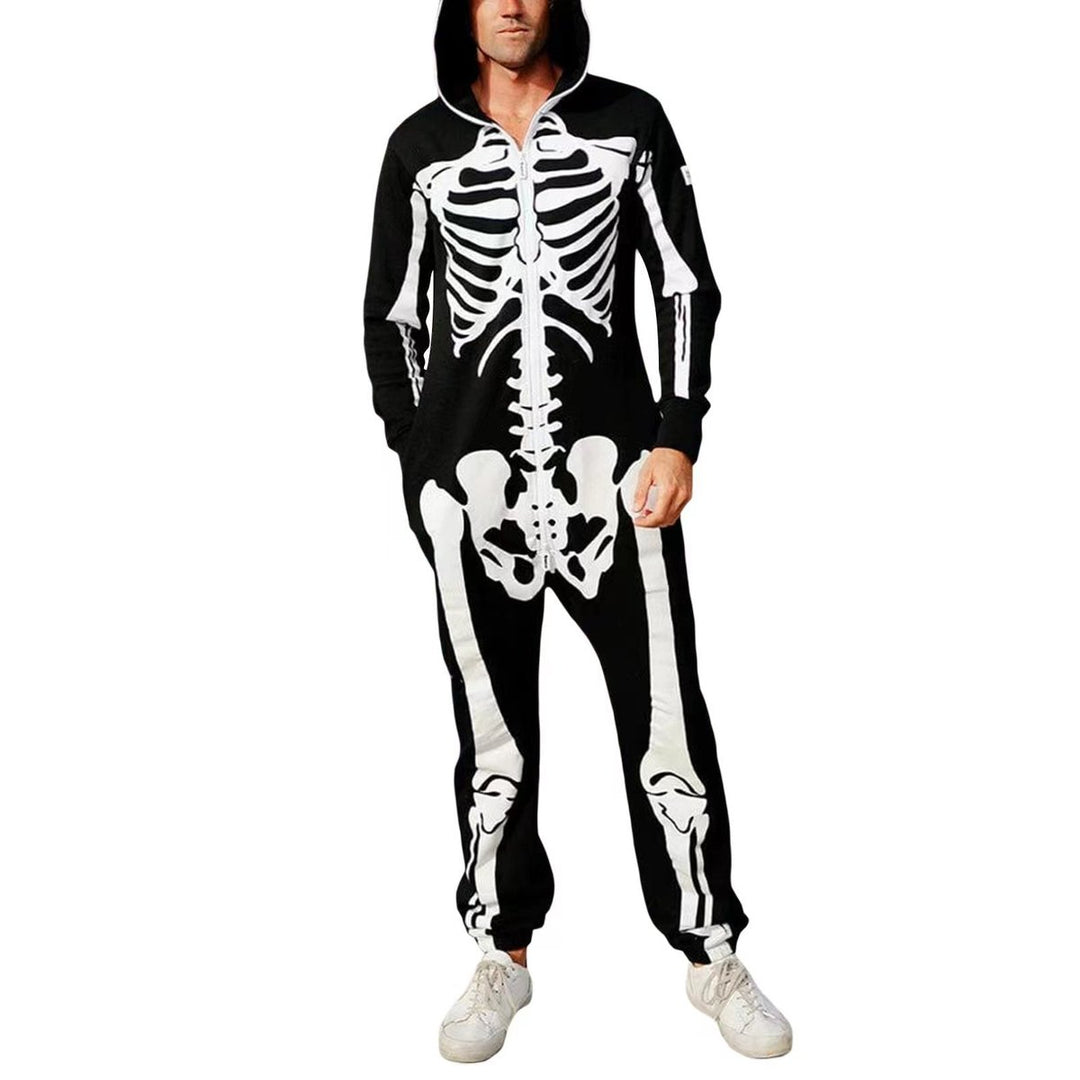 Men's Halloween Skeleton Print Hooded Zip-Up Jumpsuit