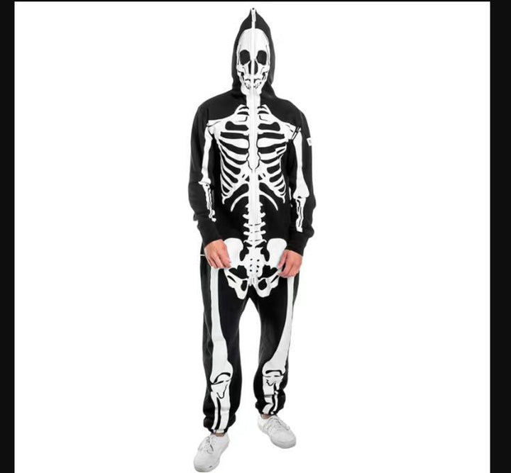 Men's Halloween Skeleton Print Hooded Zip-Up Jumpsuit