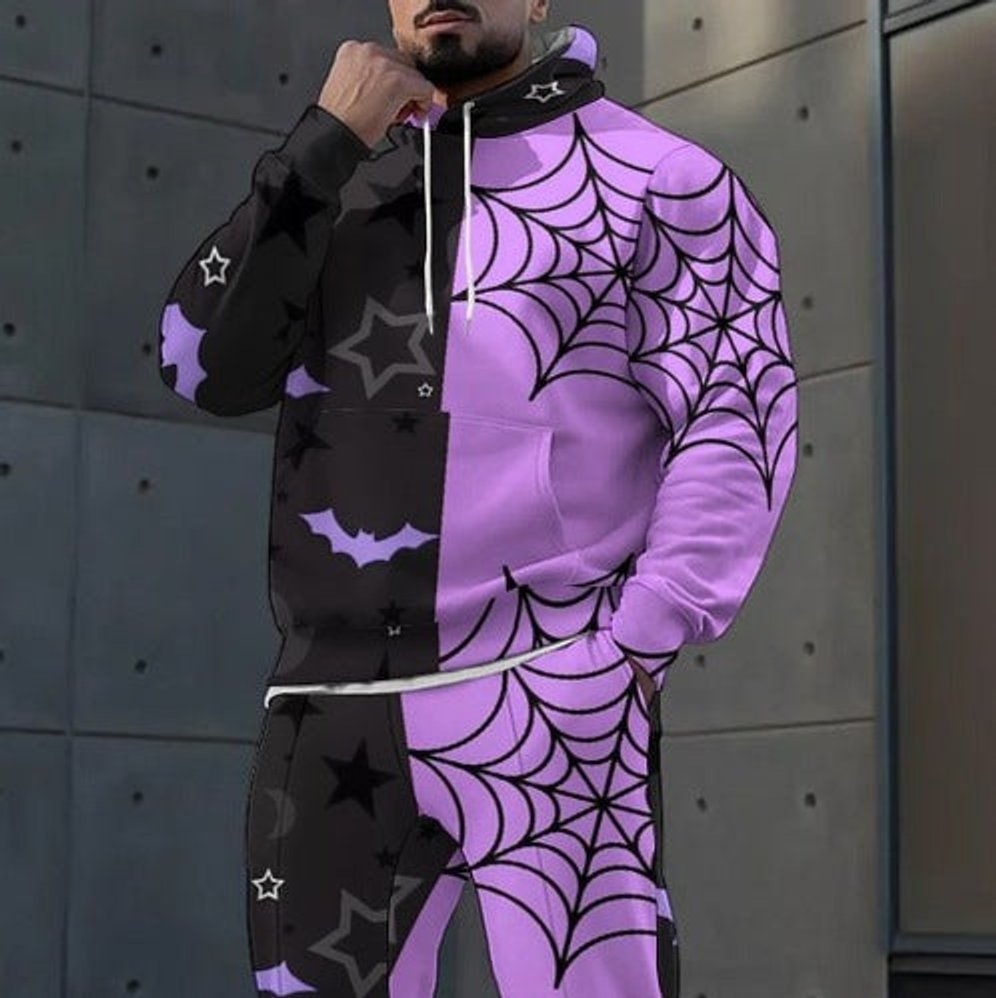 Men's Halloween Spider Web Bat Graphic Hoodie Tracksuit Set - CD09-28