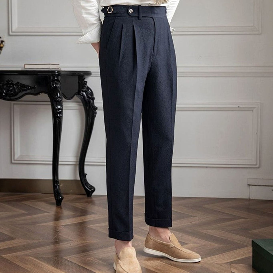 Men's High-Waist Tailored Pleated Trousers Cuffed Dress Pants