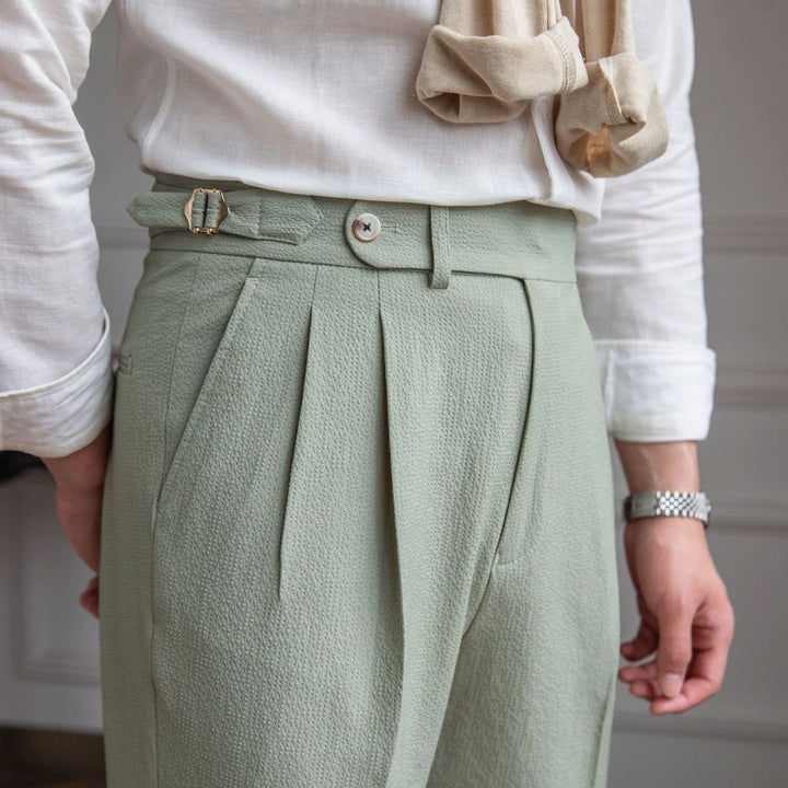 Men's High-Waist Tailored Pleated Trousers Cuffed Dress Pants - Green