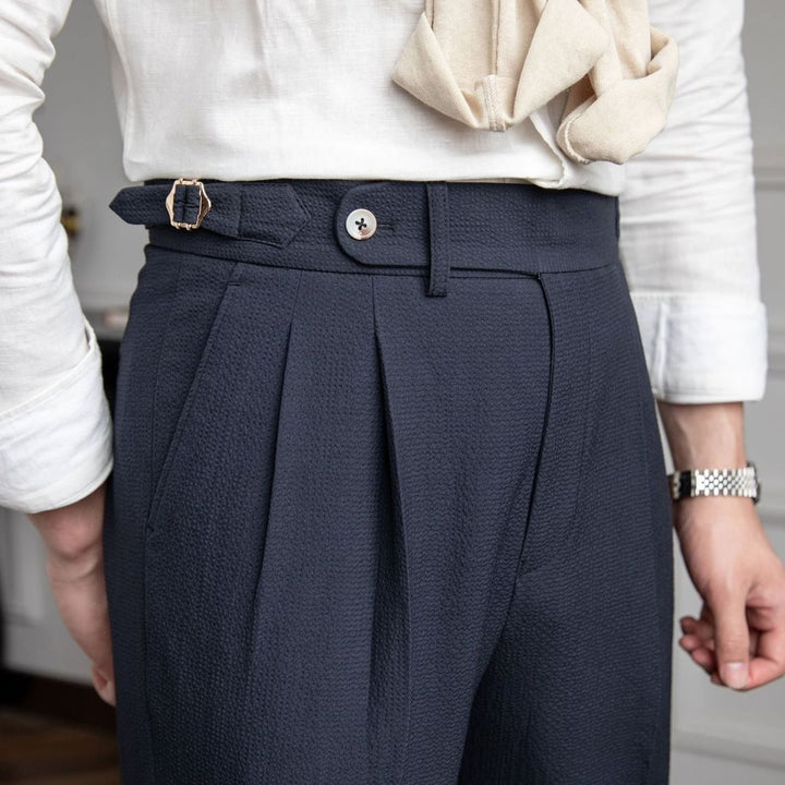 Men's High-Waist Tailored Pleated Trousers Cuffed Dress Pants - Blue