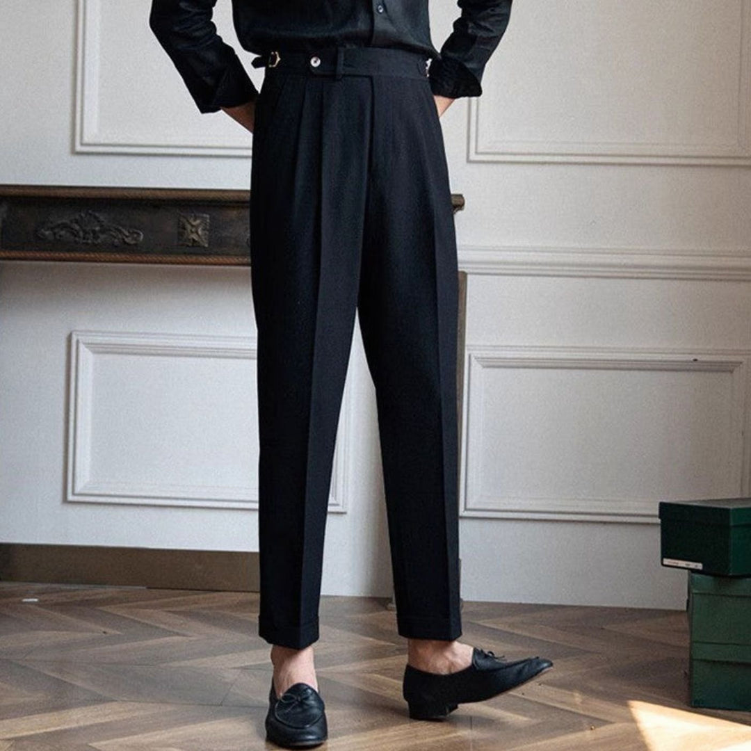 Men's High-Waist Tailored Pleated Trousers Cuffed Dress Pants