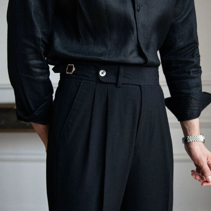 Men's High-Waist Tailored Pleated Trousers Cuffed Dress Pants - Black