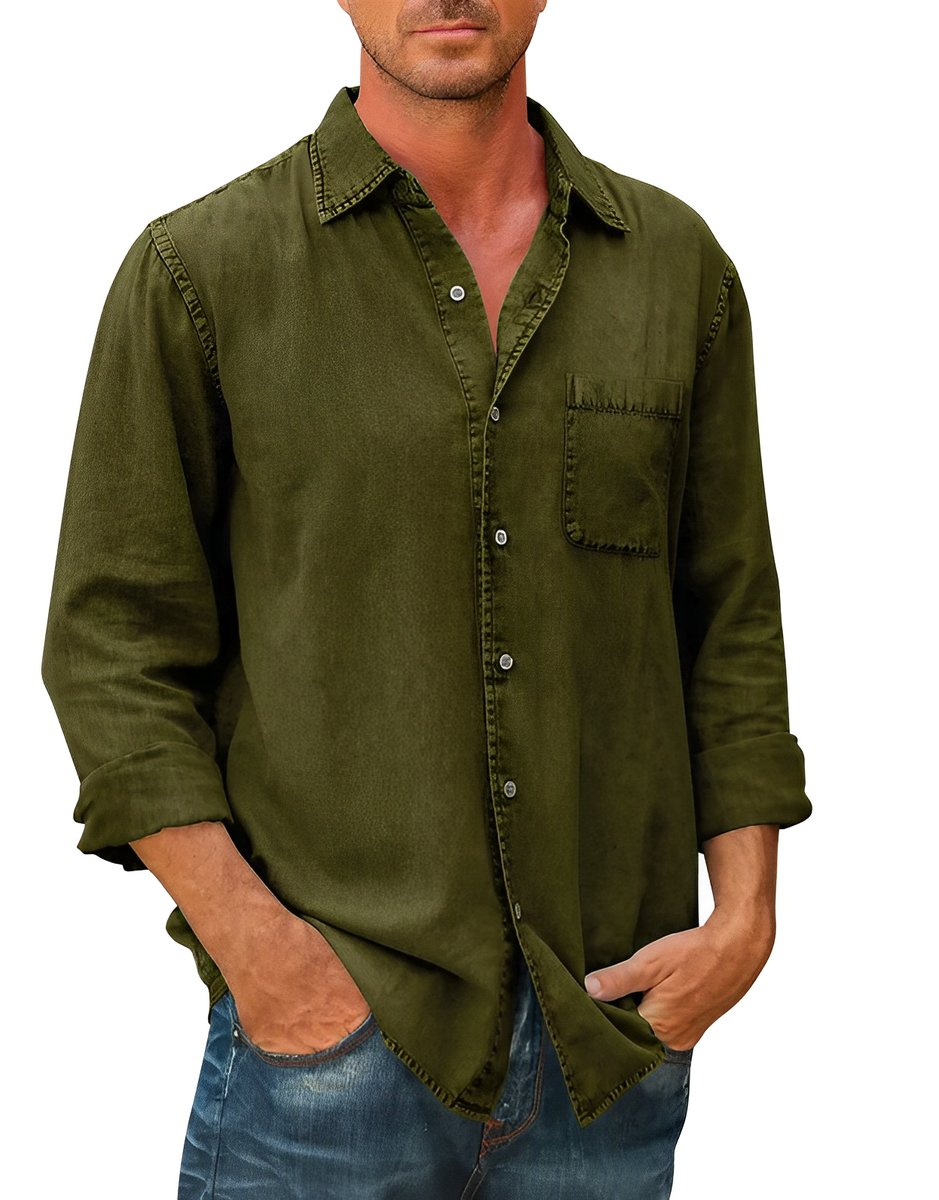 Men's Long-Sleeve Button-Down Cotton Blend Denim Shirt