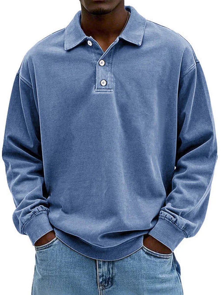 Men's Long-Sleeve Casual Polo Shirt Relaxed-Fit Sweatshirt - Blue