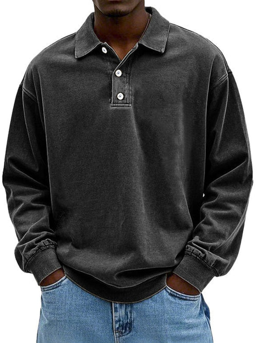 Men's Long-Sleeve Casual Polo Shirt Relaxed-Fit Sweatshirt - Black