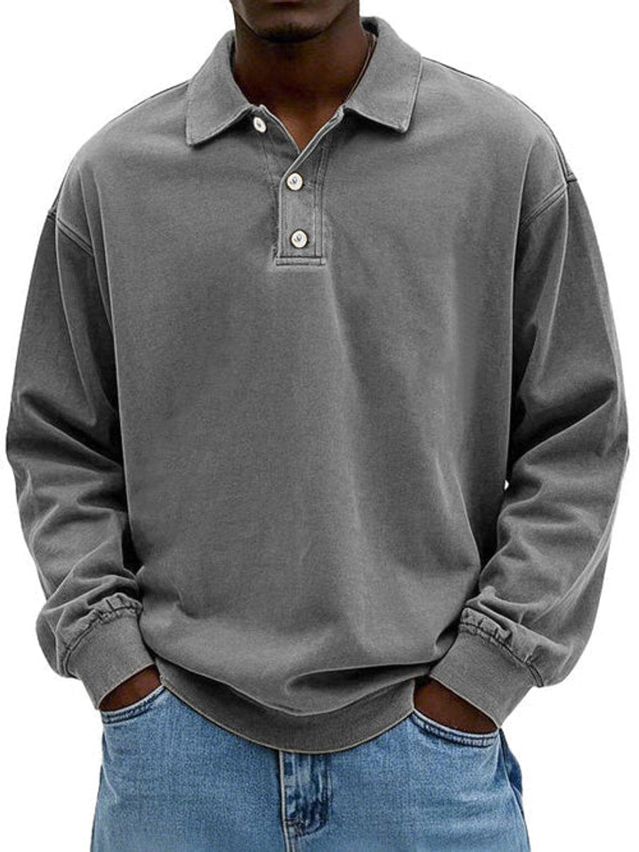 Men's Long-Sleeve Casual Polo Shirt Relaxed-Fit Sweatshirt - Gray