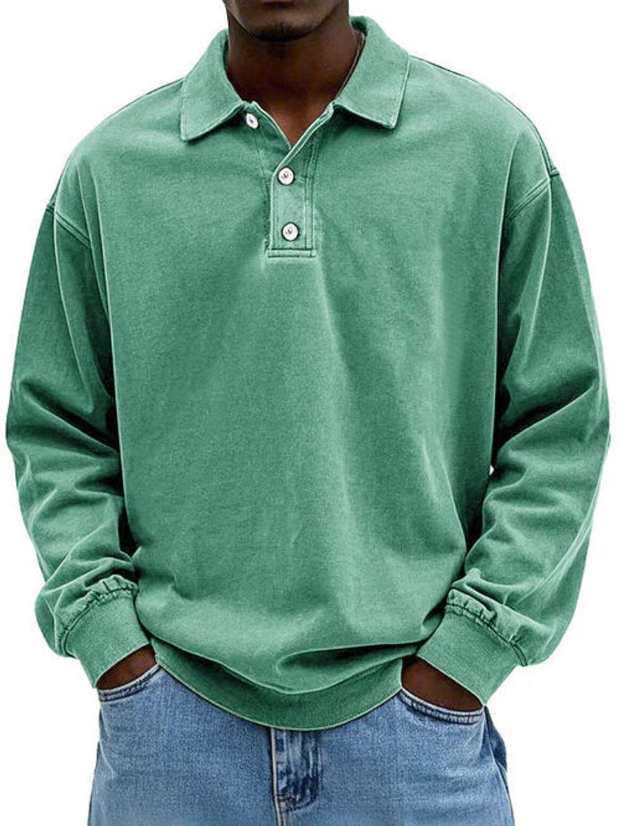 Men's Long-Sleeve Casual Polo Shirt Relaxed-Fit Sweatshirt - Green