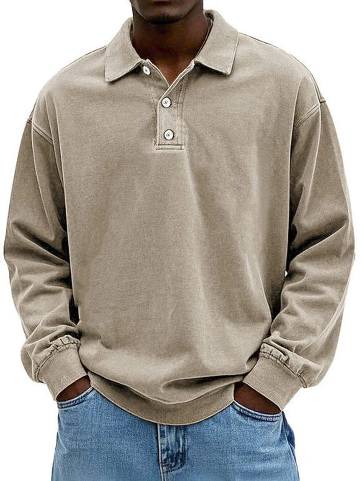 Men's Long-Sleeve Casual Polo Shirt Relaxed-Fit Sweatshirt - Khaki