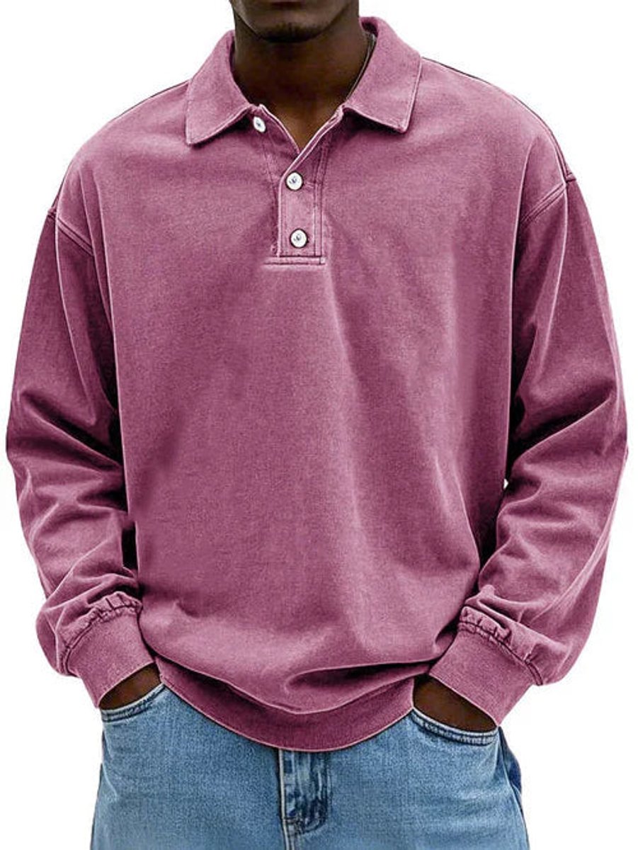Men's Long-Sleeve Casual Polo Shirt Relaxed-Fit Sweatshirt - Pink