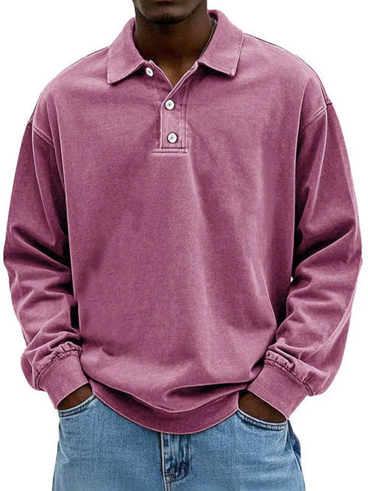 Men's Long-Sleeve Casual Polo Shirt Relaxed-Fit Sweatshirt - Pink