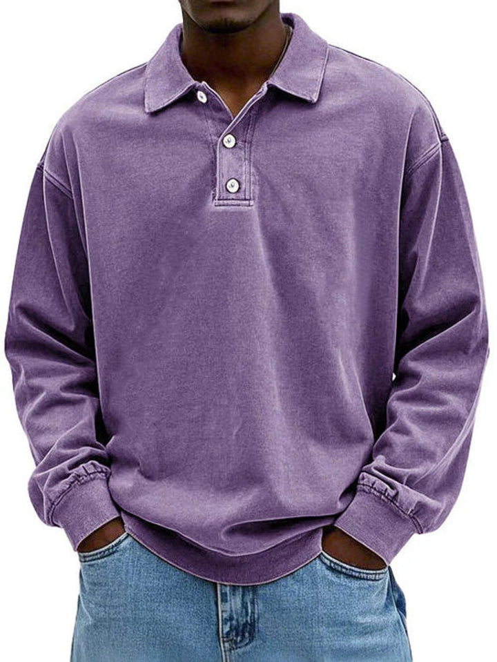 Men's Long-Sleeve Casual Polo Shirt Relaxed-Fit Sweatshirt - Purple