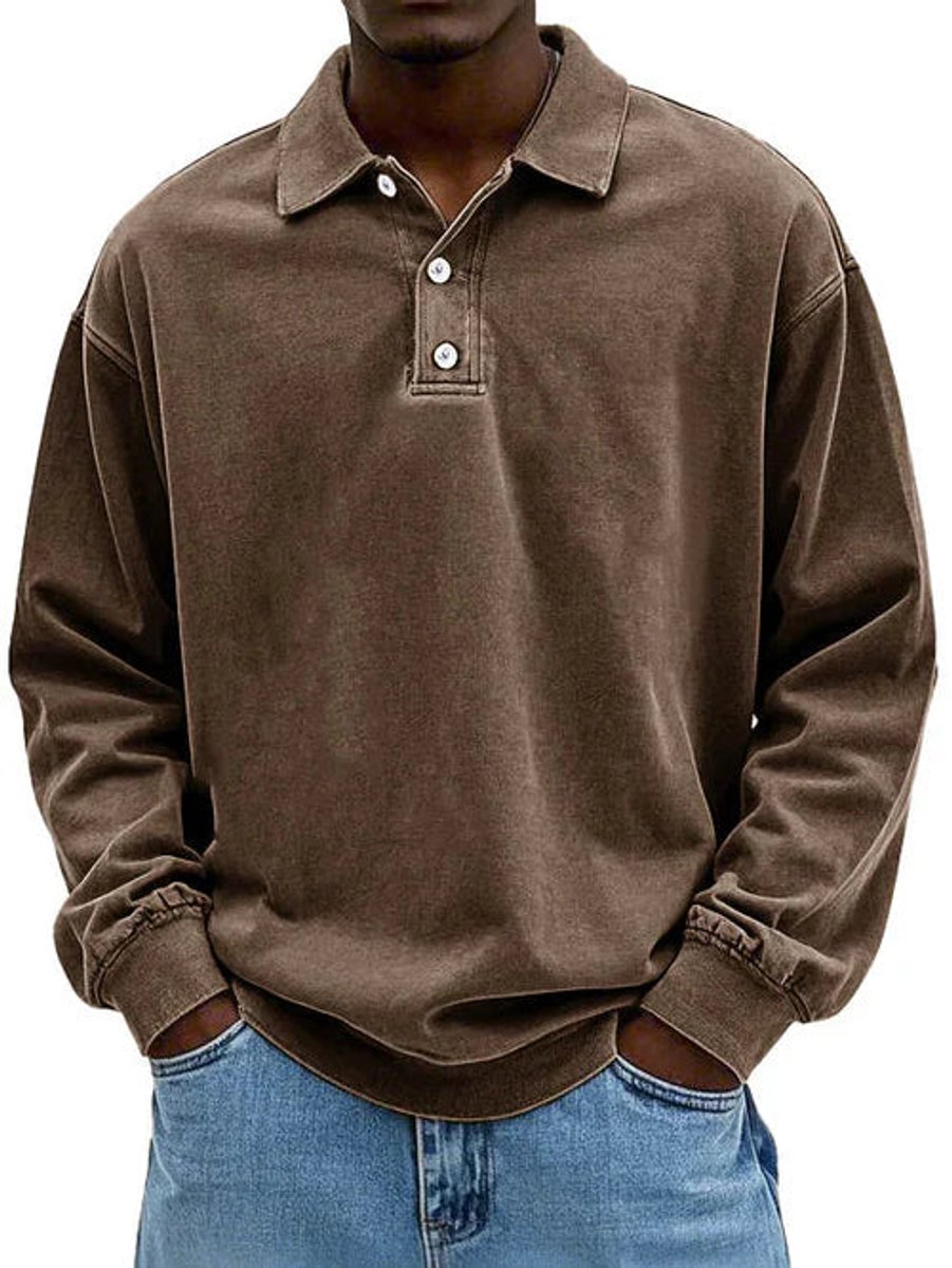 Men's Long-Sleeve Casual Polo Shirt Relaxed-Fit Sweatshirt - Brown
