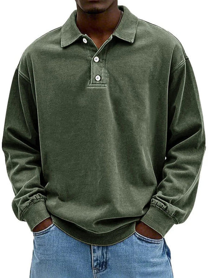 Men's Long-Sleeve Casual Polo Shirt Relaxed-Fit Sweatshirt - Army Green