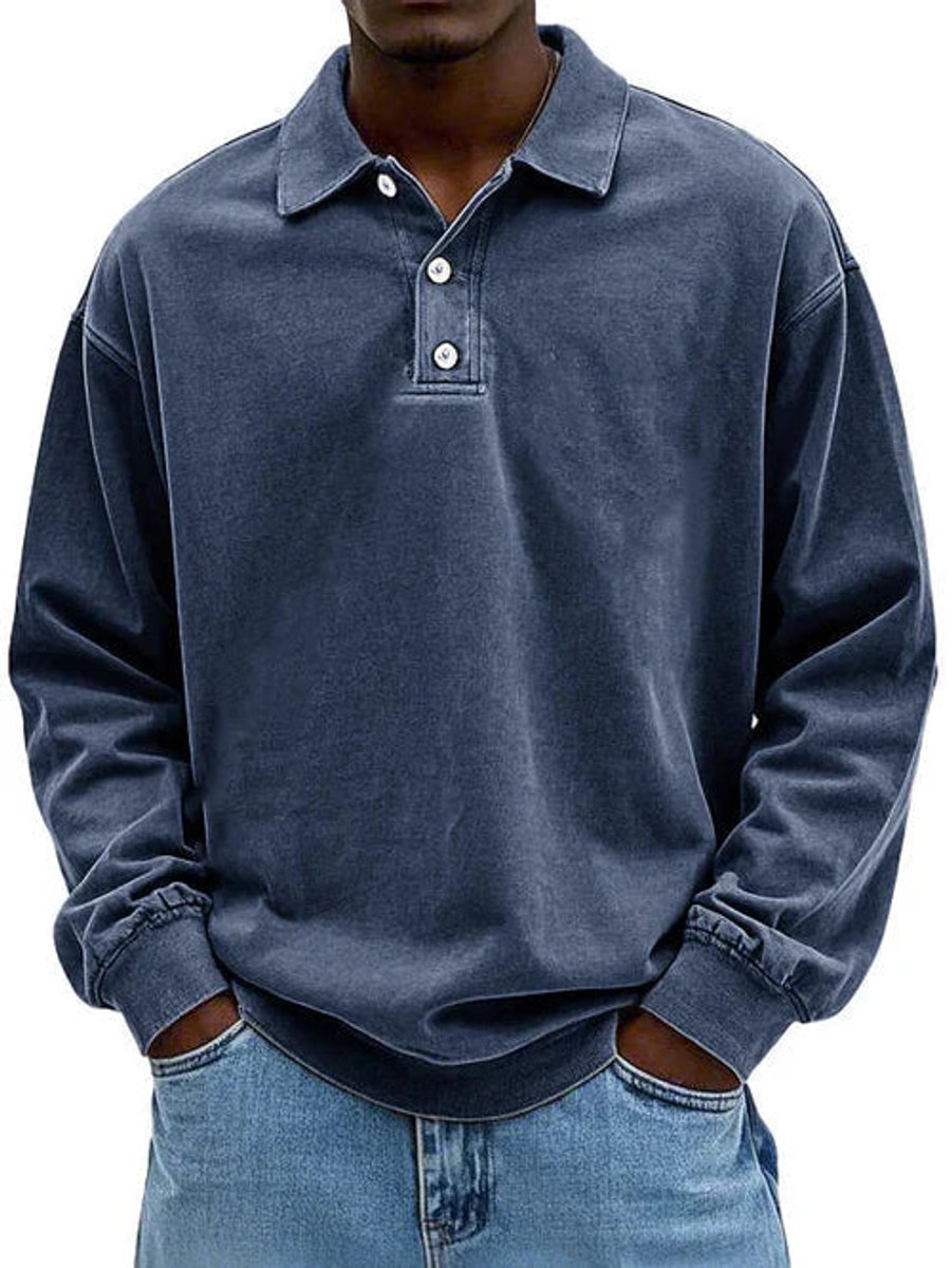 Men's Long-Sleeve Casual Polo Shirt Relaxed-Fit Sweatshirt - Navy Blue
