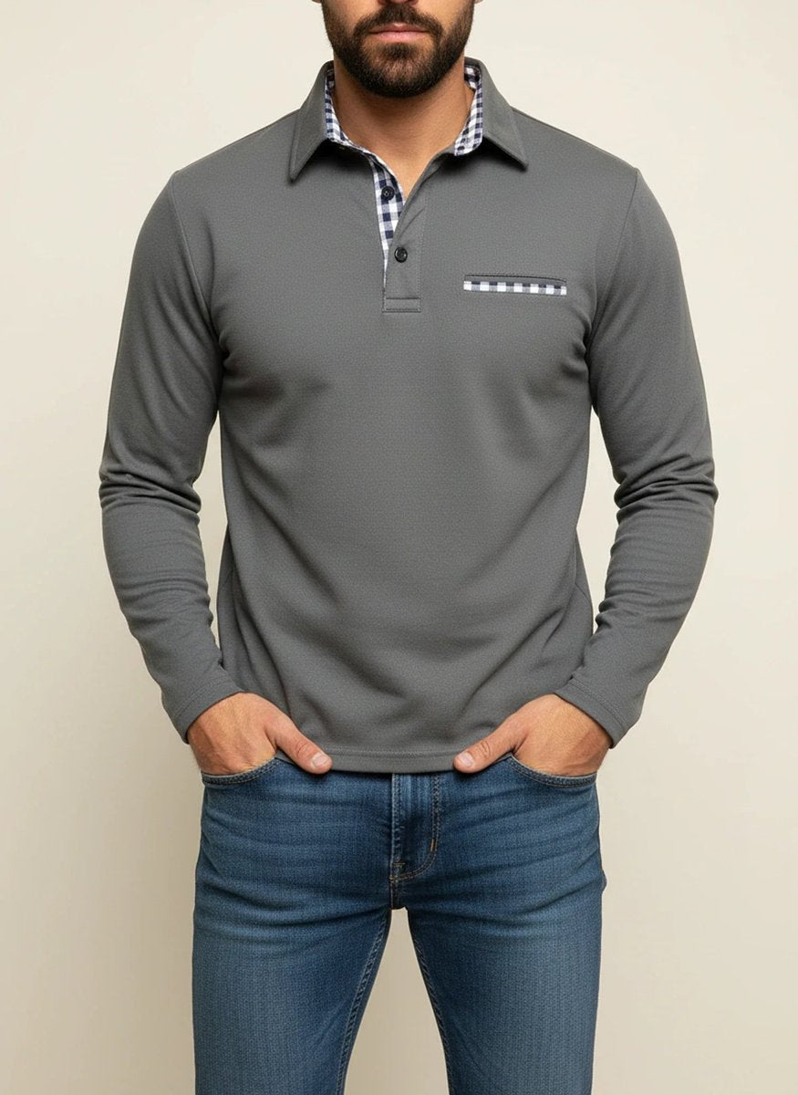 Men's Long Sleeve Gingham-Trim Polo Shirt Chest Pocket - Gray